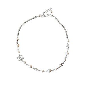 Chanel 23P Crystal Strass CC Logo No.5 Clover With Pearl Chain Necklace Silver